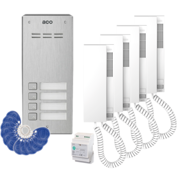 ZESTAW DOMOFONOWY ACO FAM-P-4NPACC NT + 4 UNIFONY INS-UP720B + ZASILACZ NA SZYNĘ DIN 15V